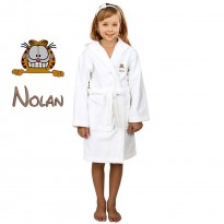 Brown Cat Cartoon Design & Custom Name Embroidery on Kids Hooded Bathrobe